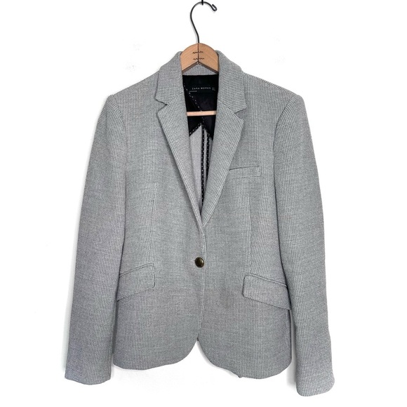 Zara Jackets & Blazers - ZARA Gray Blazer Waffle Weave Structured Coat Gold Buttons Fitted Size Medium